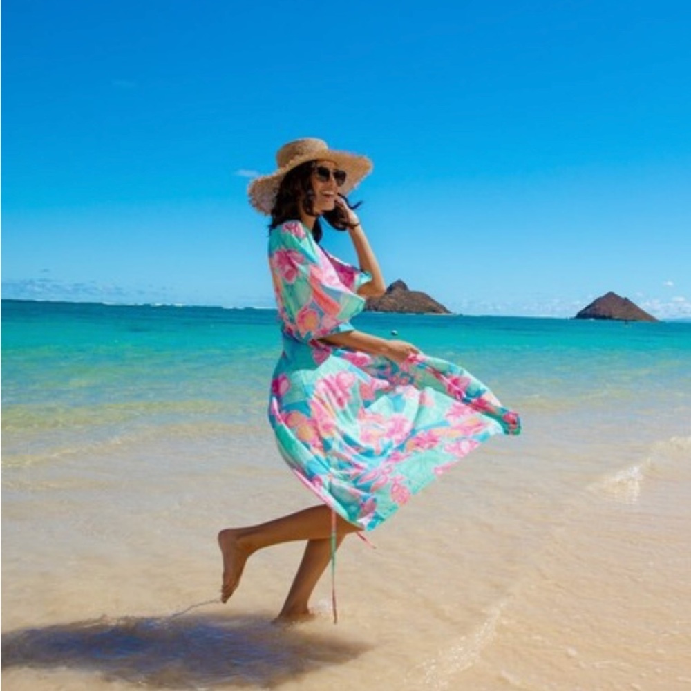 Kenny Flowers Watercolors Maui Kimono Swim Dress Cover Up S/M 🩵🌺
